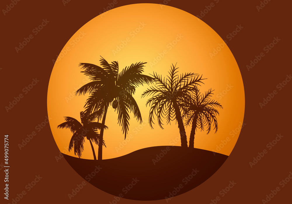 Círculo con silueta de palmeras de una isla en verano. 
