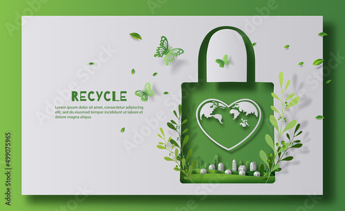 Recycle banner design, reusable shopping bag with heart earth logo, save the planet and energy concept, paper illustration.