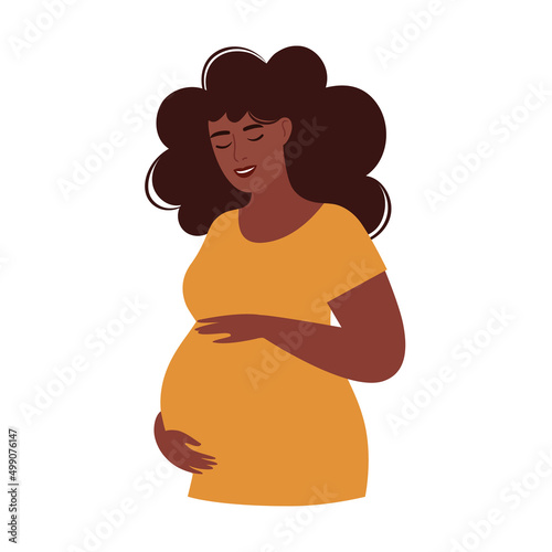 Happy woman expecting a baby. Pregnant woman with tummy. Concept of pregnancy and motherhood. Flat vector illustration.