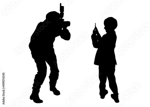 Man with a photo camera on white background