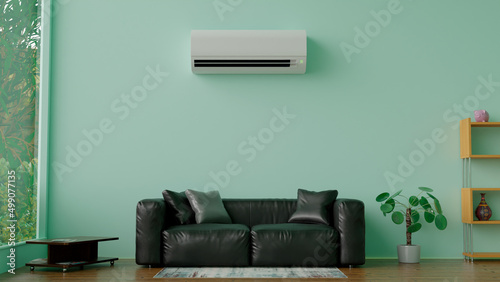 air conditioner on the green wall in the room 3d photo