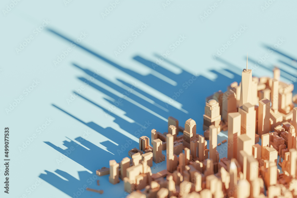 Buildings and shadows of skyscrapers in New York downtown with copy space. 3D rendering.