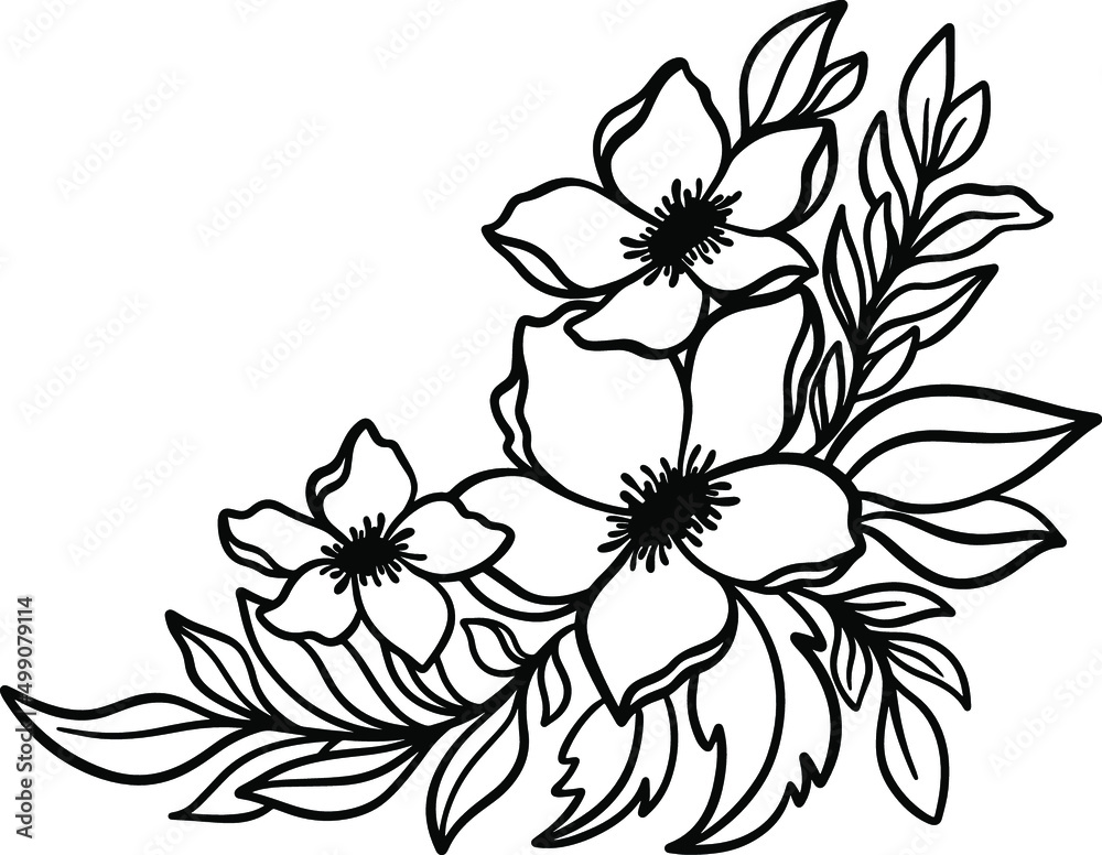 Flower blossom vector illustration, Floral branch silhouette, Garden spring flowers simple sketch element, Floral wreath border