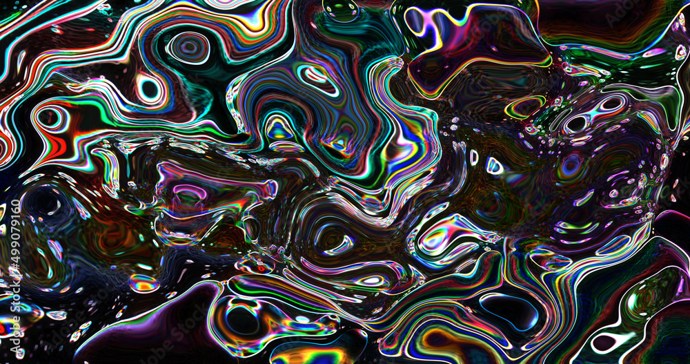 Obraz premium 3D rendering abstract Neon background. Liquid metal or traces of gasoline oil. Environmental pollution concept. 