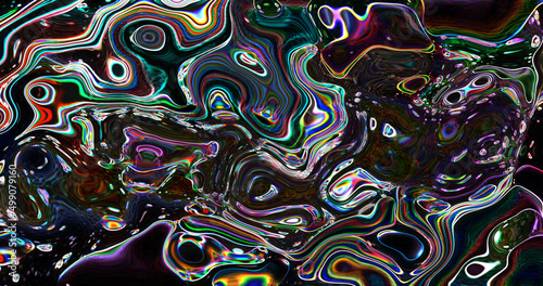 3D rendering abstract Neon background. Liquid metal or traces of gasoline oil. Environmental pollution concept. 
