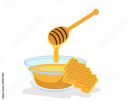 Composition with fresh honey on white background. Set of honey. Vector illustration in a flat style. Honeycomb, wooden honey dipper, glass cup full of honey. Organic and natural product.