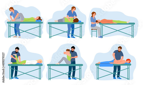 Medical massage people poses set. Specialists in the field of osteopathy, chiropractic or manual therapy. Osteopaths performing treatment manipulations or massaging their patients. Vector illustration