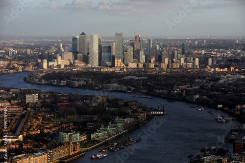 London skyline buildings in Canary Warf, view from The Shard observation deck tower. © Silviu
