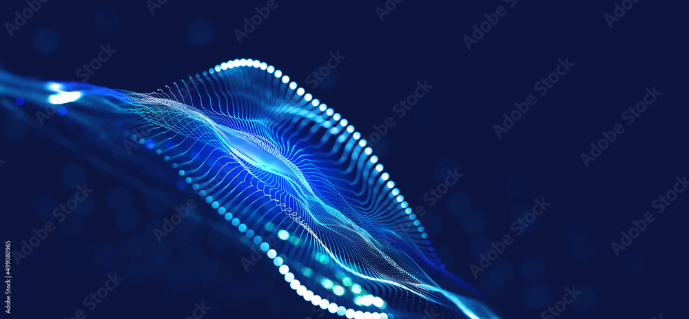 Big data cyber stream 3D illustration. Rhythmic waves of electrical impulses in a neural network. Sound and particles of musical rhythm. Blurred bokeh emotion in digital code space - obrazy, fototapety, plakaty 