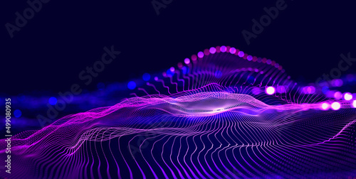 Hi-tech, sci-fi 3D illustration Abstract musical beat. Sound wave in field of big data particles. Dancing dots of a neural network in a nanotechnology cyberspace project. Bokeh and bright LED flashes photo