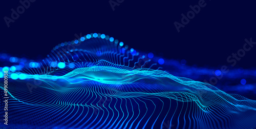 Hi-tech, sci-fi 3D illustration Abstract musical beat. Sound wave in field of big data particles. Dancing dots of a neural network in a nanotechnology cyberspace project. Bokeh and bright LED flashes photo