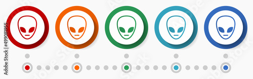 Alien, ufo concept vector icon set, infographic template, flat design colorful web buttons in 5 color options