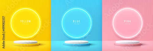 Set of yellow, blue and pink realistic 3d cylinder pedestal podium with circle neon lamp background. Abstract vector rendering geometric forms. Minimal scene. Stage showcase, Mockup product display.
