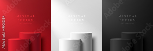 Set of abstract 3D room with white, dark red and black realistic steps cylinder pedestal podium. Vector rendering geometric forms design. Minimal scene. shadow. Stage showcase, Mockup product display.