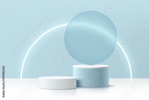 Abstract 3D room with realistic blue and white cylinder pedestal podium and glowing circle neon lamp. Minimal scene for mockup product display. Vector geometric forms. Stage showcase. Minimal scene.