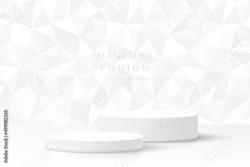 Abstract clean white 3D room and realistic white cylinder pedestal podium with geometric polygon pattern background. Minimal scene for mockup product display. Vector geometric forms. Stage showcase.