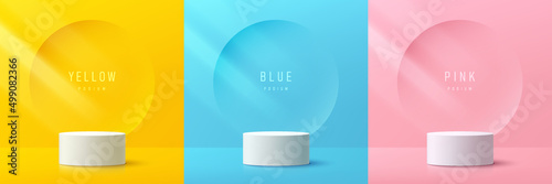 Set of yellow, blue, pink and white realistic cylinder mockup podium with circle background in pastel color. Abstract vector rendering 3d geometric forms. Pedestal product display. Minimal wall scene.
