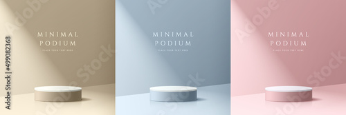 Set of beige, blue, pink and white realistic 3d cylinder pedestal podium in pastel colorful abstract rooms. Vector rendering geometric forms. Minimal scene. Stage for showcase, Mockup product display.