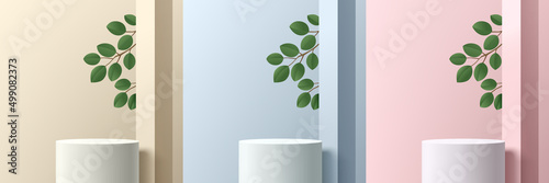 Set of realistic white 3d cylinder stand podium in beige, blue and pink abstract rooms with square pillar and green leaf. Vector geometric forms. Minimal scene. Stage showcase, Mockup product display.