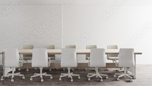 3d rendering of meeting room in modern style, White working chair and wooden table empty wall