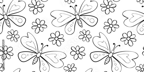 Vector seamless pattern of black outline cute butterflies and flowers in Doodle style. Glade  forest edge. Background and texture on theme of nature  spring  summer  children print  isolated