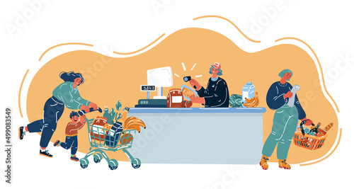 Vector illustration of people in supermarket and cashier