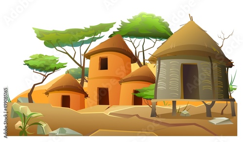 Africa village. Buildings and sand dunes. Rural houses made of clay and straw. Isolated on white background. African landscape. Acacia trees. Vector