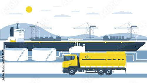 Ship tanker with oil is unloaded in the port terminal. Vector illustration.