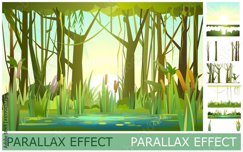 Green summer forest landscape. Image from layers for overlay with parallax effect. Swampy coast with cattails and reed. Flat style. Leaves of water lilies. Quiet river or lake. Wild overgrown pond