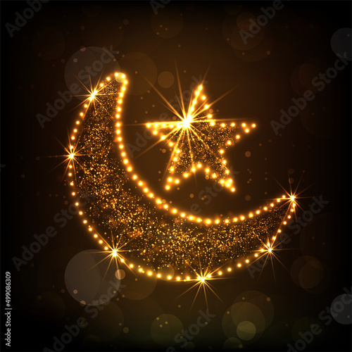 Islamic Festival Concept With Lighting Crescent Moon  Stars On Brown Background.