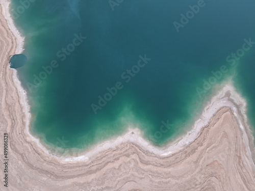Aerial shoot of Abandoned Salty shore of Dead Sea Seascape, Nature background. Israel