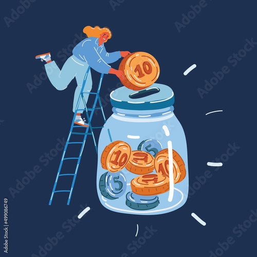 Vector illuatration of Happy woman with her savings in glass jar bank over dark background