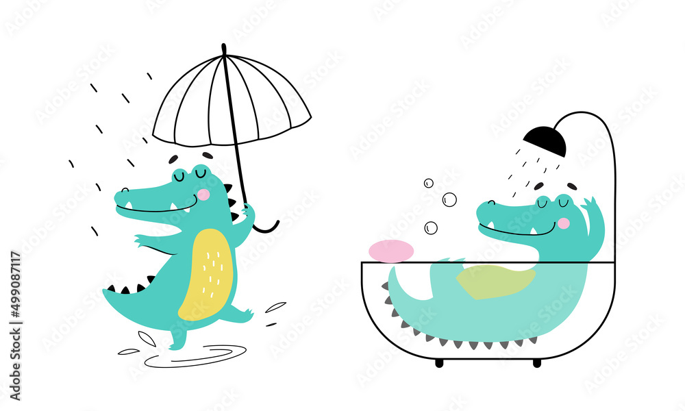 Cute friendly crocodiles set. Lovely curious baby alligators walking under umbrella and taking bath cartoon vector illustration
