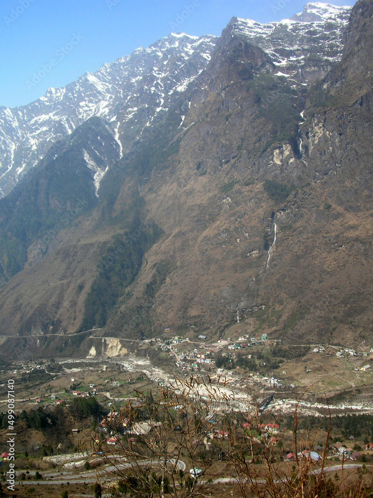 A panoramic view of Lachung town on the backdop of craggy mountain situated at 9600 ft altitude look mesmerizing in North Sikkim. This is the most popular tourist destination of Sikkim.