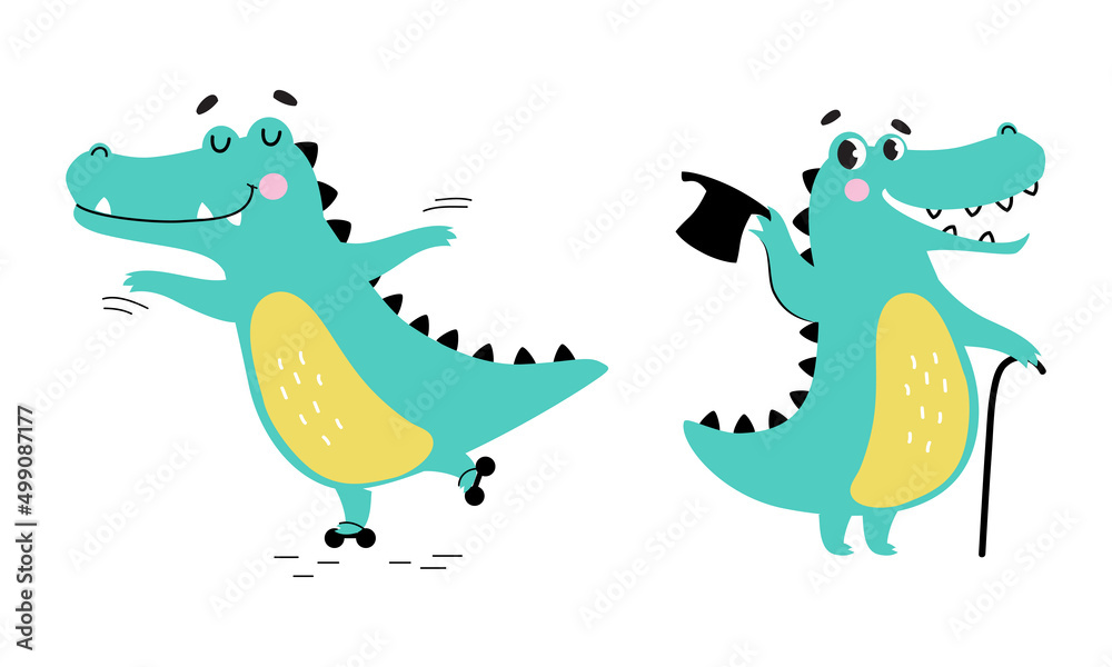 Cute friendly turquoise crocodiles set. Lovely baby alligators rollerblading and walking with cane cartoon vector illustration