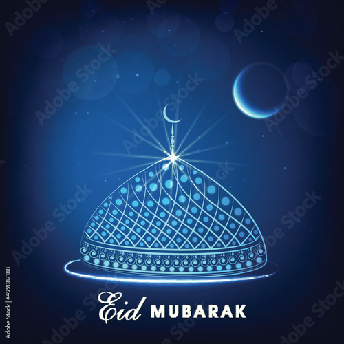 Eid Mubarak Font With Mosque Dome, Crescent Moon And Lights Effect On Blue Background.