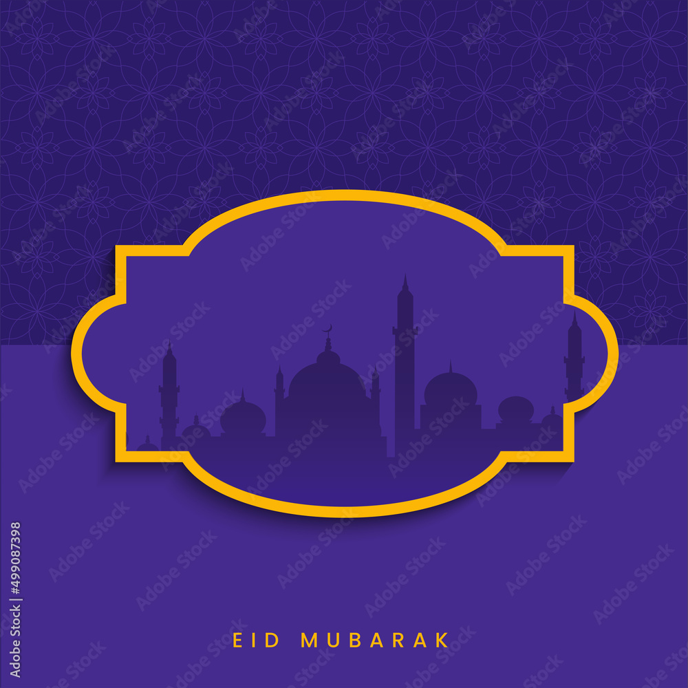 Eid Mubarak Greeting Card With Silhouette Mosque Inside Vintage Frame Against Violet Floral Design Background.