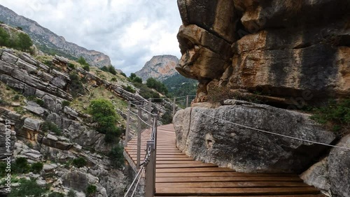 4k Shot of the empty Royal trail El Caminito del Rey in gorge Chorro, Malaga province, Spain. photo