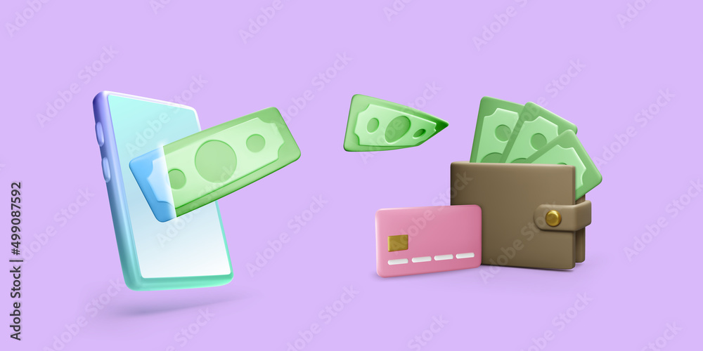 3d mobile phone with flying paper currency wallet with credit card. Online payment or transaction concept. Wireless financial management app