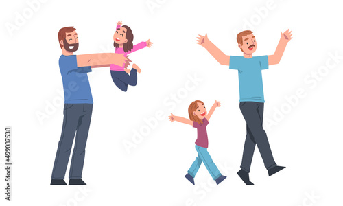 Dads having good time with their kids set. Father and daughter having fun together cartoon vector illustration