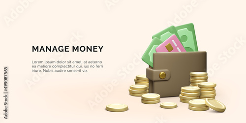 3D wallet with paper currency and credit card stack of gold coins. Realistic cartoon business banner. Money management