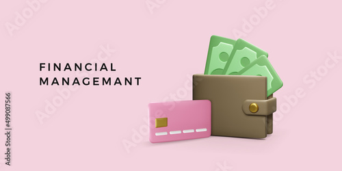 3D wallet with paper currency and credit card. Money saving template. Realistic cartoon business banner. Finance management