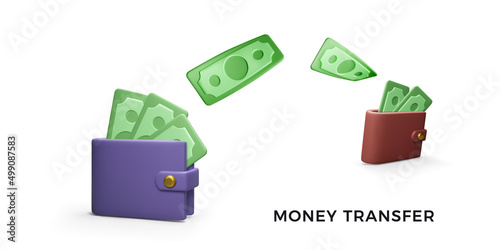 Money transaction concept. 3d wallets and transfer of paper money. Business and finance success
