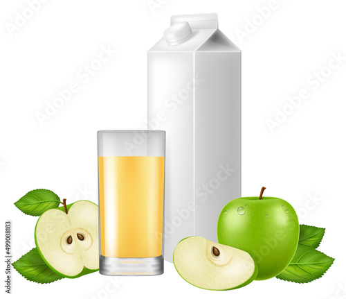 Blank white carton box for juice with a glass of juice and fresh apples. Vector illustration.