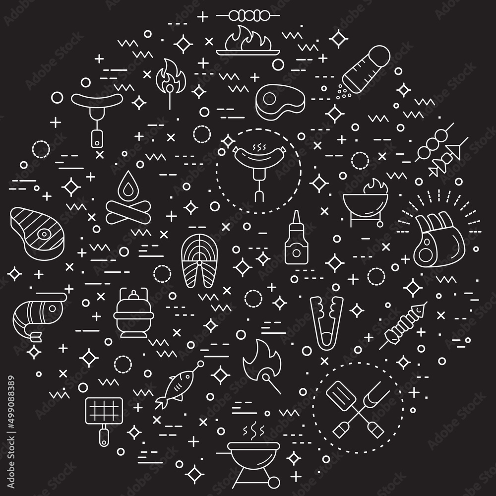 Simple Set of barbecue and Grill Related Vector Line Illustration. Contains such Icons as BBQ, picnic, camping, meat, steak, food, outdoor, hiking, sausages, beef and Other Elements. Simple Set of barbecue and Grill Related Vector Line Illustration. Contains such Icons as BBQ, picnic, camping, meat, steak, food, outdoor, hiking, sausages, beef and Other Elements.
