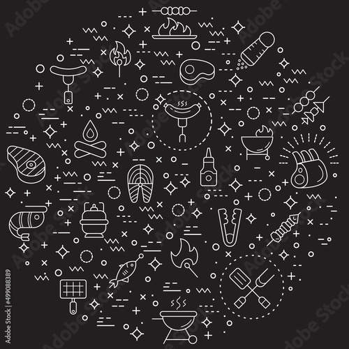 Simple Set of barbecue and Grill Related Vector Line Illustration. Contains such Icons as BBQ, picnic, camping, meat, steak, food, outdoor, hiking, sausages, beef and Other Elements.