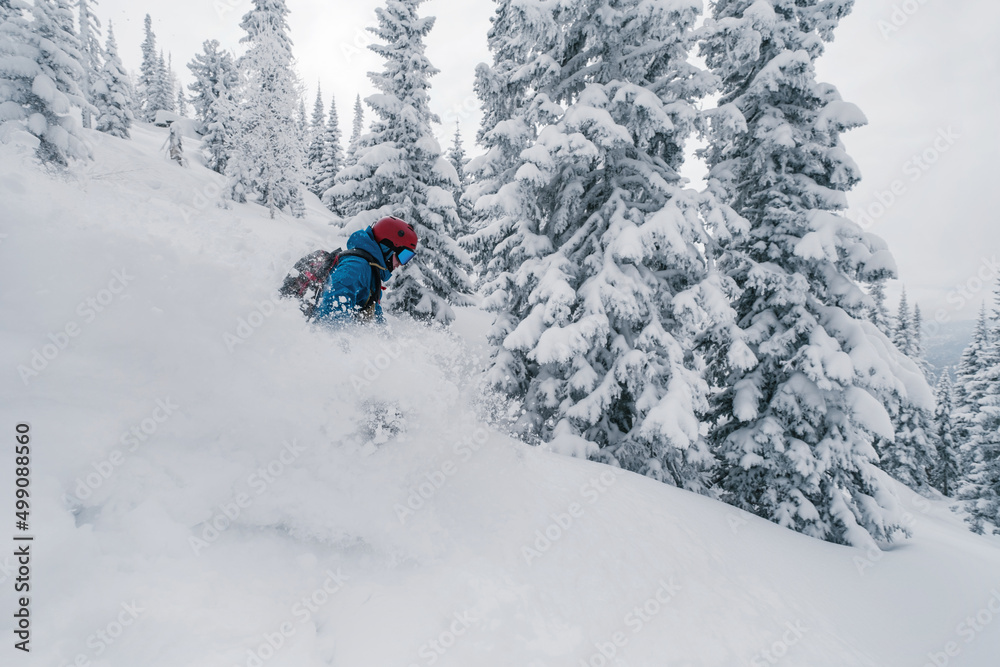 Skier moving in snow powder in forest on steep slope of ski resort. Freeride, winter sports outdoor Skier moving in snow powder in forest on steep slope of ski resort. Freeride, winter sports outdoor