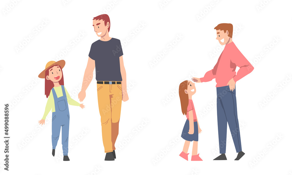 Fototapeta premium Dads having good time with their children set. Father and daughter walking together cartoon vector illustration
