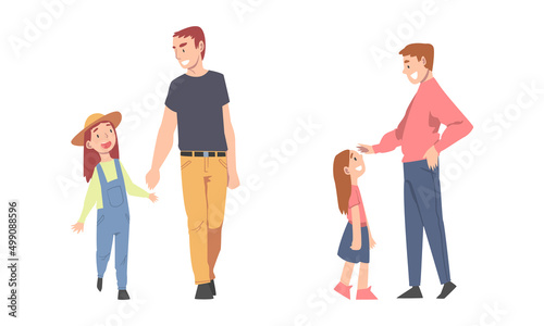 Dads having good time with their children set. Father and daughter walking together cartoon vector illustration