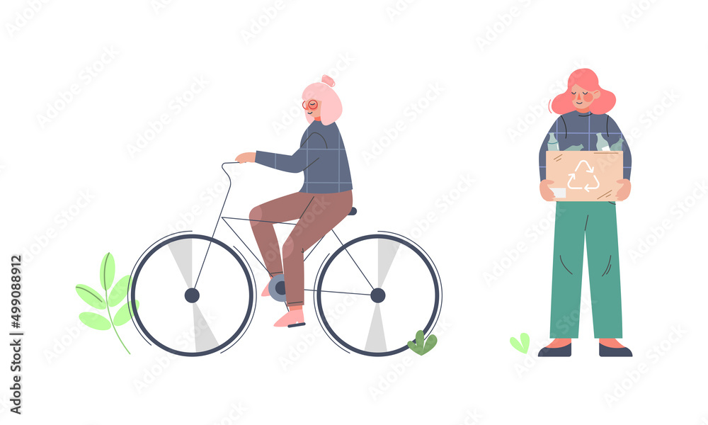 People using eco friendly transport and collecting plastic waste for recyclin. Environment protection concept cartoon vector illustration People using eco friendly transport and collecting plastic waste for recyclin. Environment protection concept cartoon vector illustration